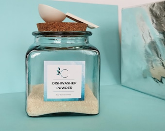 Słoik na proszek do zmywarki ze szkła z recyklingu z korkową pokrywką, do przechowywania w kuchni (1000 ml)