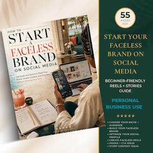 May include: A digital guide titled How to Start a Faceless Brand on Social Media, featuring a 55-page PDF. The cover displays a person using a smartphone and laptop at a desk with a notebook, pen, and drink, alongside text about reels and stories.