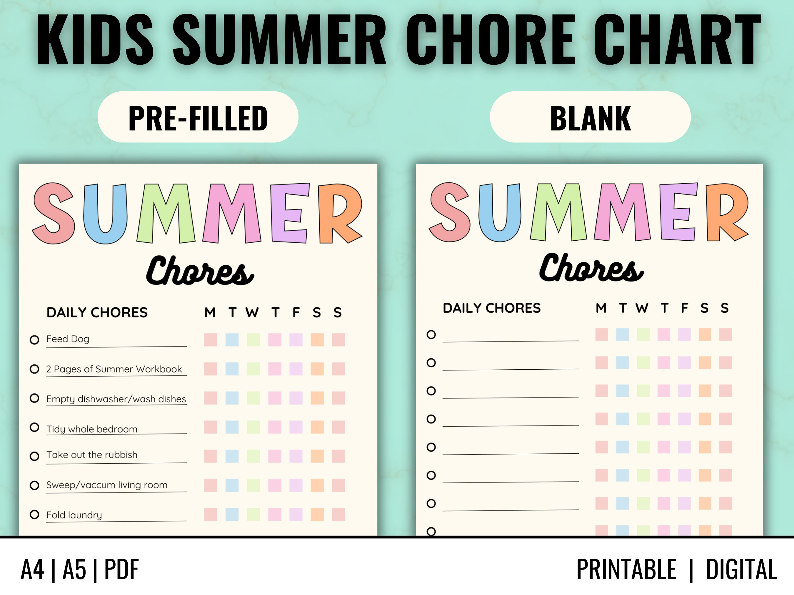 Editable Kids Summer Chore Chart, Printable, Digital, Summer Checklist ...