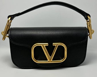 Genuine Leather Lambskin Bag - Black Gold Metal Party Night Handbag with Shoulder Strap - Statement Small Bag