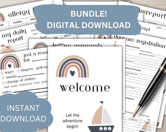 May include: A printable bundle of daycare forms with a rainbow and sailboat design. The forms include a daily report, allergy information, a welcome sign, and a daycare registration form.