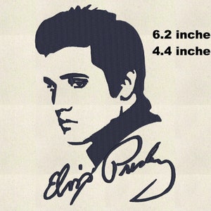 May include: Black and white silhouette of Elvis Presley's face with his signature below. The image is 6.2 inches by 4.4 inches.