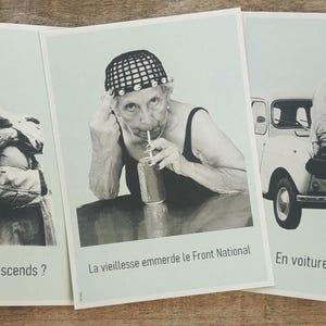 Affiche, carte, "En voiture Simone", "Eh, Manu, tu descends ?", "La vieillesse emmerde le FN", style vintage, 13x18cm, Tata Spag