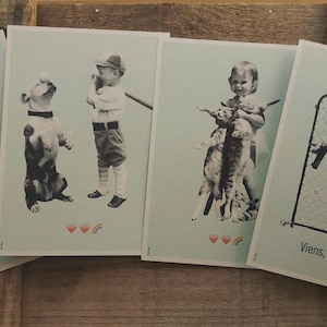 Affiche, carte, "Les copains d'abord", "Coeur coeur arc en ciel", "Viens, on s'en fout", impression style vintage, 13x18cm, Tata Spag