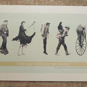 Carte, affiche, "5 idées pour se déplacer sans marcher", style vintage, rétro, humour, 13x18cm, Tata Spag