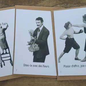 Carte + enveloppe kraft, "Va bien te faire", "Dites-le avec des fleurs", "Plaisir d'offrir, joie de...", style vintage, rétro, humour, A6