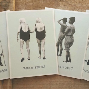 Affiche, carte, "La grosse pêche", "Viens, on s'en fout", "Il fait coucou", "Cherchez l'intrus", style vintage, 13x18cm, Tata Spag