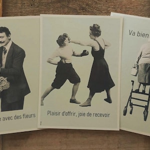 Affiche, cartes, "Plaisir d'offrir, joie de recevoir", " Dites-le avec des fleurs", "Va bien te faire...", style vintage, rétro, 13x18cm