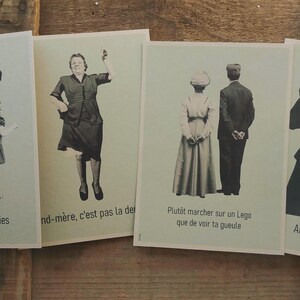 Affiche, carte, "Va jouer sur la 4voies","Grand-mère...", "Plutôt marcher sur un Lego...", "Ainsi font...", style vintage, 13x18cm