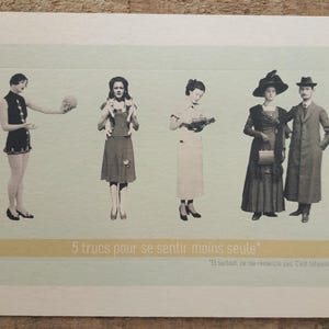 Carte, affiche, "5 trucs pour se sentir moins seule", style vintage, rétro, humour, 13x18cm, Tata Spag