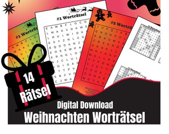Christmas Wordsearch | 14 printable Puzzles with Solutions (German)