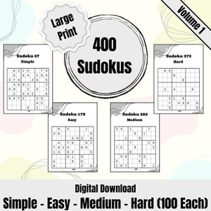 Könnte beinhalten: Ein digitaler Download von 400 Sudoku-Rätseln in vier Schwierigkeitsgraden: Einfach, Leicht, Mittel und Schwer. Jeder Schwierigkeitsgrad enthält 100 Rätsel. Das Bild zeigt vier Beispielrätsel, eines für jeden Schwierigkeitsgrad.