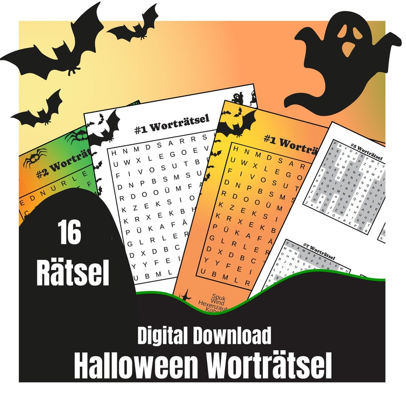 May include: A digital download featuring Halloween-themed word search puzzles. The image shows several puzzle sheets with the title "#1 Wortr&auml;tsel" and "#2 Wortr&auml;tsel". Black bats and a ghost silhouette are in the background. The text "16 R&auml;tsel" is also visible.