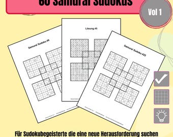 Può includere: Tre fogli di carta bianchi con enigmi Samurai Sudoku. Lo striscione in alto recita "60 Samurai Sudokus" in testo nero su sfondo rosa. Il testo "Vol 1" è in un cerchio grigio. Lo striscione in basso recita "PDF Datei".