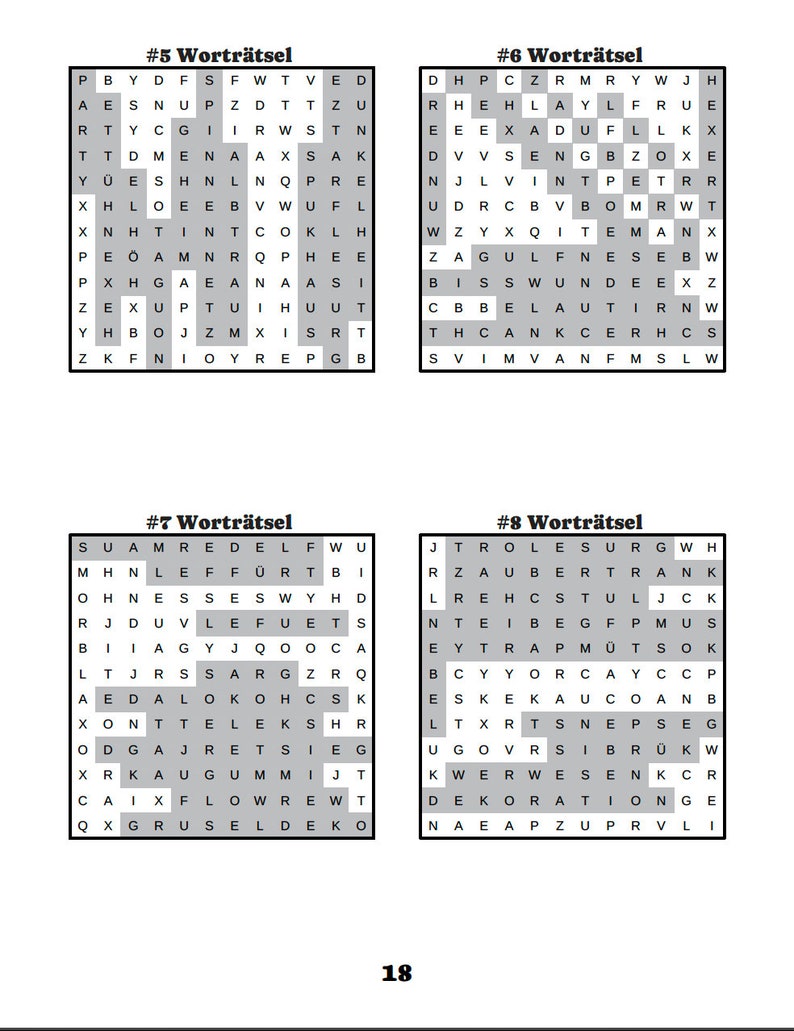 May include: A page from a book featuring four word search puzzles labeled #5, #6, #7, and #8 Wortr&auml;tsel. The puzzles are in a grid format with letters, and the number 18 is at the bottom.