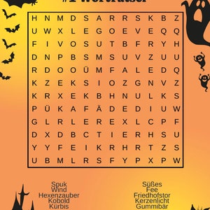 May include: Halloween-themed word search puzzle with a grid of letters and words to find. The puzzle is on an orange background with black silhouettes of bats, ghosts, a haunted house, and a black cat. The title is "#1 Wortr&auml;tsel".