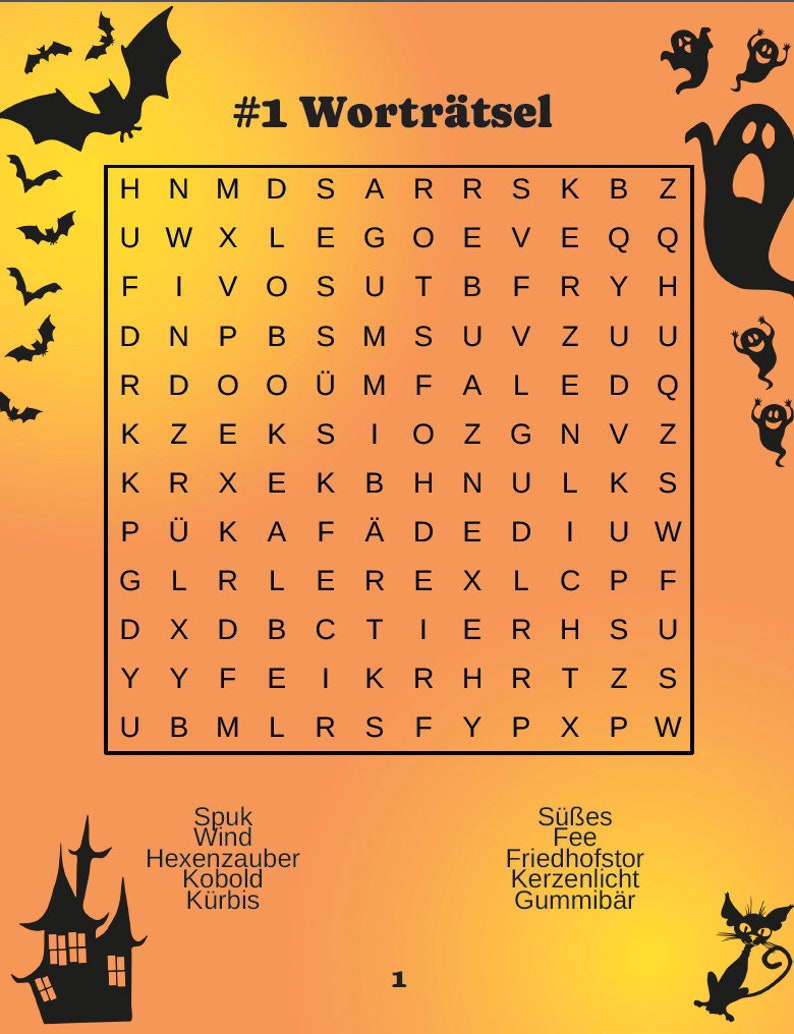 May include: Halloween-themed word search puzzle with a grid of letters and words to find. The puzzle is on an orange background with black silhouettes of bats, ghosts, a haunted house, and a black cat. The title is "#1 Wortr&auml;tsel".