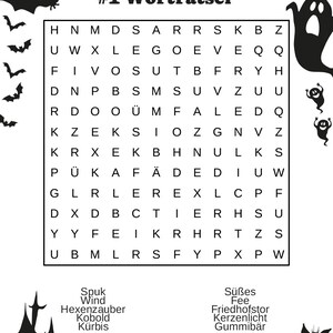 May include: Black and white Halloween-themed word search puzzle with bats, ghosts, and a haunted house silhouette. The puzzle includes German words like "Spuk" and "K&uuml;rbis".