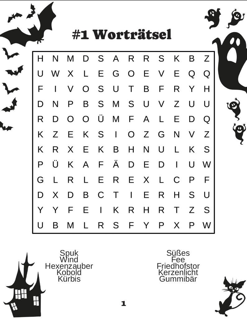 May include: Black and white Halloween-themed word search puzzle with bats, ghosts, and a haunted house silhouette. The puzzle includes German words like "Spuk" and "K&uuml;rbis".