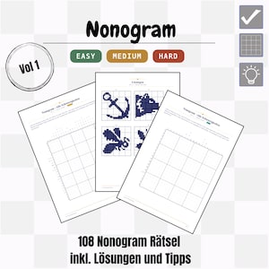 Nonogrampussel PDF Vol. 1 – 108 logiska pussel att skriva ut inklusive lösningar, regler och tips | Direktnedladdning av bildpussel Griddler