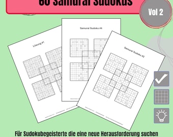 Può includere: Tre fogli di carta bianchi con enigmi Samurai Sudoku. Il foglio superiore ha il testo "60 Samurai Sudokus Vol 2". La parte inferiore dell'immagine ha il testo "PDF Datei". È visibile anche il testo "Für Sudokubegeisterte die eine neue Herausforderung suchen".