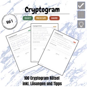 Puede incluir: Una colección de tres páginas de rompecabezas de criptogramas etiquetadas como Vol 1, con niveles de dificultad easy, medium y hard. Las páginas incluyen filas de números con espacios para letras, una sección de clave y un icono de bombilla.