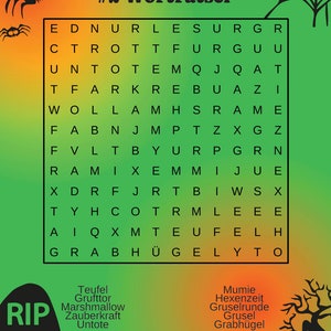 May include: A Halloween-themed word search puzzle with a green and orange gradient background. The puzzle grid is filled with letters, and the title "#2 Wortr&auml;tsel" is at the top. Spiders and a spiderweb decorate the border. Keywords: Halloween, puzzle.