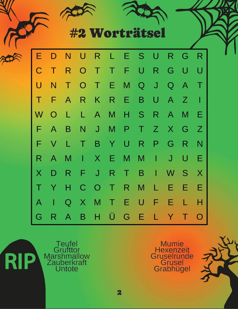 May include: A Halloween-themed word search puzzle with a green and orange gradient background. The puzzle grid is filled with letters, and the title "#2 Wortr&auml;tsel" is at the top. Spiders and a spiderweb decorate the border. Keywords: Halloween, puzzle.