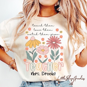 Wildflower Teacher Name Shirt, Custom Teacher TShirt, Personalized Teacher T Shirt, Gift for Teacher, Cute Teacher Tee, Groovy Teacher Shirt