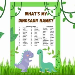 Qual é o meu nome de dinossauro? Gerador de nome de festa com tema de dinossauro Download instantâneo PDF Gerador de nome de tema de dinossauro Jogo de festa de dinossauro