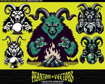 Demon Beast Vector Set | 5 Dark Magic Beasts Designs | Royalty-Free, High-Quality Vectors