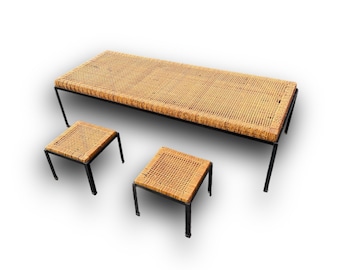 Caned Tea / Coffee Table & 2 Stools - by Danny Ho Fong for Tropi-cal in Iron and Rattan, c 1960s