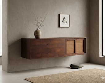 Walnut & Cane Floating Credenza - Japanese Mid Century Modern