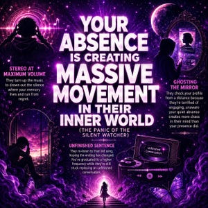 Può includere: Un'opera d'arte digitale dai toni viola con il testo YOUR ABSENCE IS CREATING MASSIVE MOVEMENT IN THEIR INNER WORLD. Include illustrazioni di una persona con le cuffie, una sagoma che guarda un telefono, una persona seduta vicino a una finestra e un giradischi vintage con il testo Unfinished Conversation, il tutto circondato da farfalle e stelle luminose.