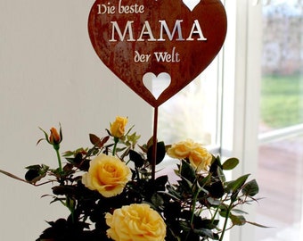 LB H&F Rostherz Muttertag Muttertagsgeschenk Geburtstag Gartenstecker Blumenstecker Mutter Gartenfigur Herz Beste Mama der Welt 33cm