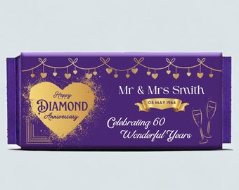 Diamond Wedding Anniversary Personalised Chocolate Wrapper – Custom Wrapper for Cadbury Fruit & Nut or Wholenut – Keepsake Gift