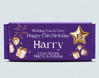 Personalised 13th Birthday Chocolate Wrapper For Cadbury Dairy Milk Chocolate Bars Choose Fruit & Nut, Wholenut - Unique Keepsake Gift