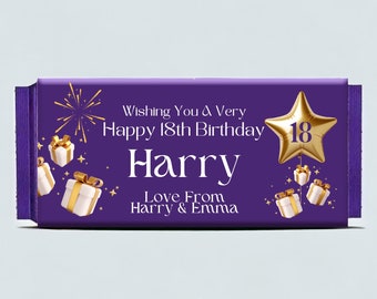 Personalised 18th Birthday Chocolate Wrapper For Cadbury Dairy Milk Chocolate Bars Choose Fruit & Nut, Wholenut - Unique Keepsake Gift