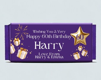 Personalised 60th Birthday Chocolate Wrapper For Cadbury Dairy Milk Chocolate Bars Choose Fruit & Nut, Wholenut - Unique Keepsake Gift