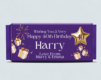 Personalised 40th Birthday Chocolate Wrapper For Cadbury Dairy Milk Chocolate Bars Choose Fruit & Nut, Wholenut - Unique Keepsake Gift
