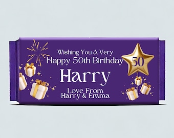Personalised 50th Birthday Chocolate Wrapper For Cadbury Dairy Milk Chocolate Bars Choose Fruit & Nut, Wholenut - Unique Keepsake Gift