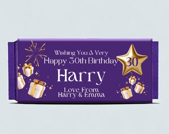 Personalised 30th Birthday Chocolate Wrapper For Cadbury Dairy Milk Chocolate Bars Choose Fruit & Nut, Wholenut - Unique Keepsake Gift