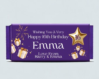 Personalised 16th Birthday Chocolate Wrapper For Cadbury Dairy Milk Chocolate Bars Choose Fruit & Nut, Wholenut - Unique Keepsake Gift