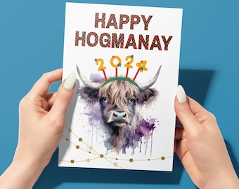 Happy Hogmanay 2024 - Scottish New Year Card - Highland Cow Celebration Card