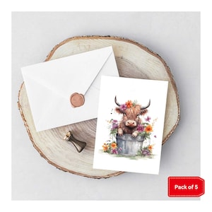 Pack of 5 Cute Notelet Cards with Envelopes - Floral Highland Cow Artwork - Blank Inside - A6 Size