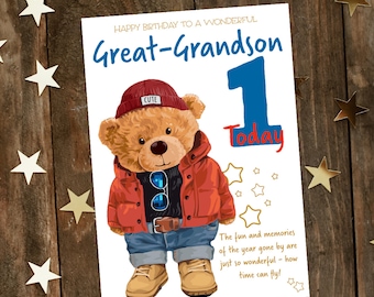 Great-Grandson 1st Birthday Card Cute Bear