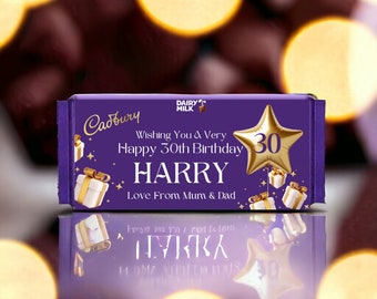 Regalo personalizado de 30 cumpleaños Cadbury Dairy Milk Bar, chocolate personalizado de feliz cumpleaños, celebración dulce de 30, nombre y mensaje