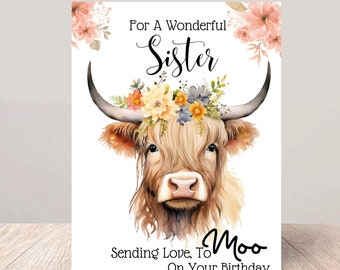 Highland Cow Birthday Card for Sister - Digital Download, Printable PDF, Personalized Sister Birthday Greeting, Farm Animal Love Theme