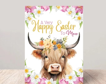 Tarjeta de Pascua de la vaca de las tierras altas para Moo