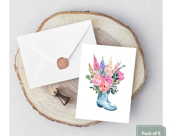 Pack of 5 floral wellie notelet cards